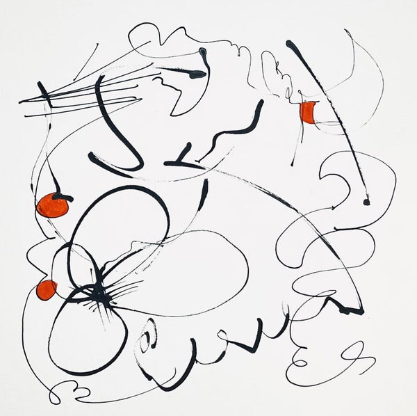 Abstract black line art with red circles on a white background