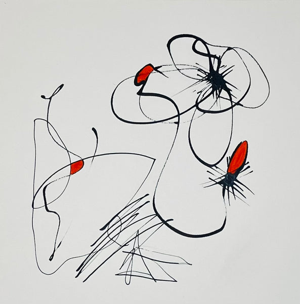 Abstract artwork with black and red lines on a white background