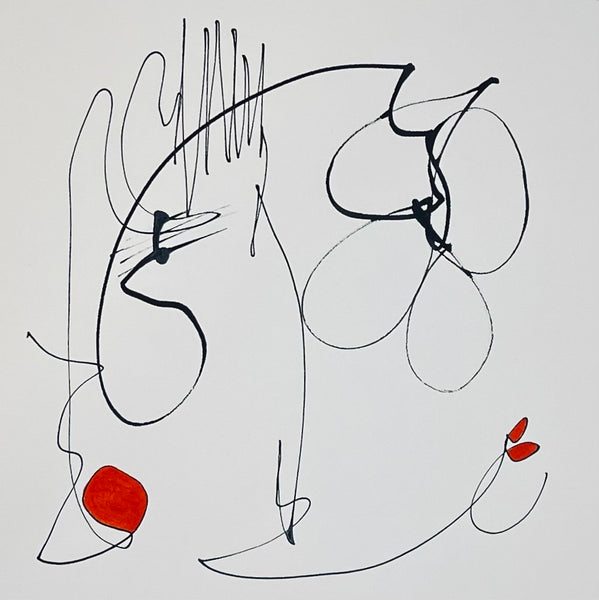 Abstract line art with red elements on a white background