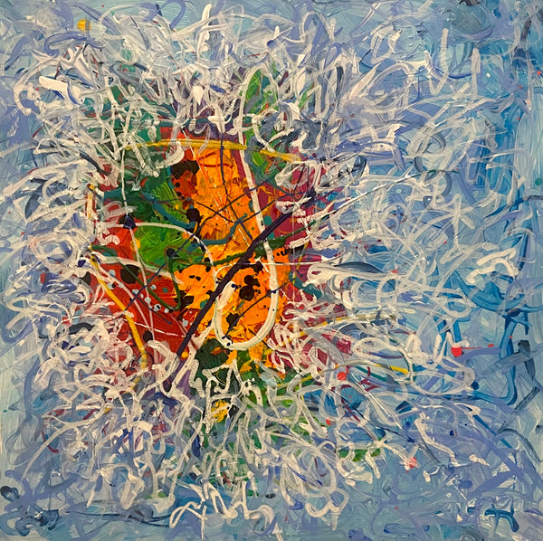 Abstract painting with a central multicolored shape surrounded by white and blue brushstrokes