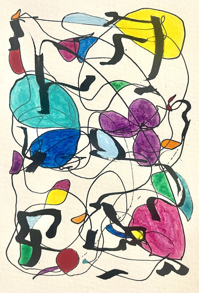 Abstract artwork with colorful shapes and lines on a beige background