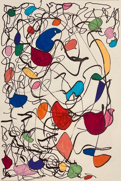 Abstract artwork with colorful shapes and lines on a beige background