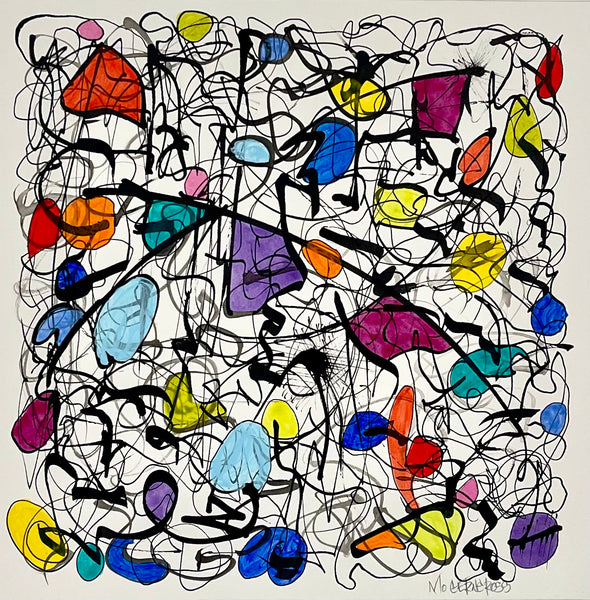 Abstract artwork with colorful shapes and black lines on a white background