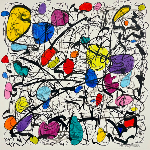 Abstract artwork with colorful shapes and black lines on a white background