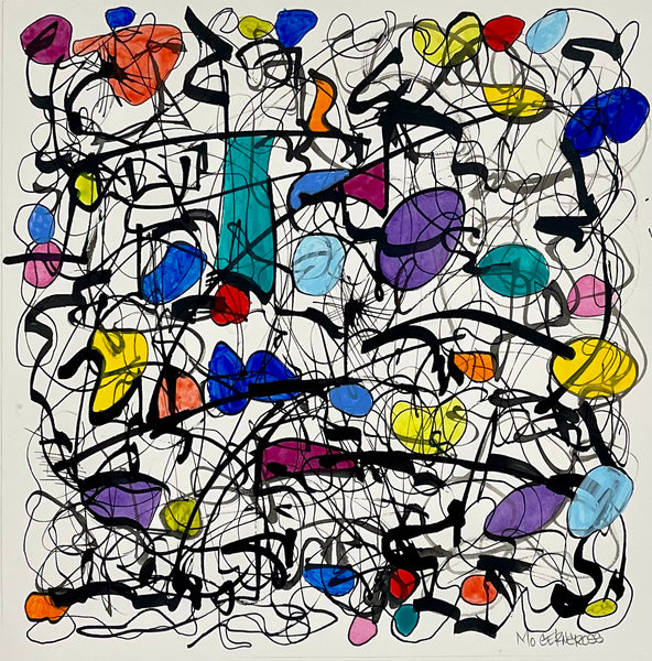 Abstract artwork with colorful shapes and lines on a white background