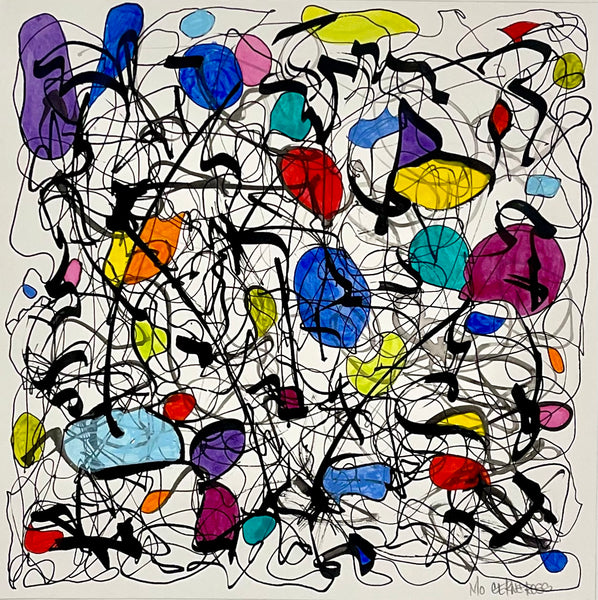 Abstract artwork with colorful shapes and black lines on a white background