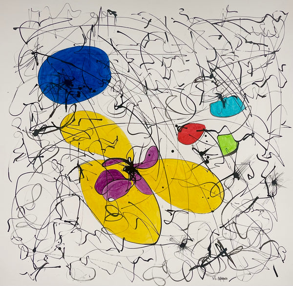 Abstract artwork with colorful shapes on a white background