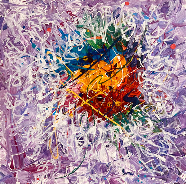 Abstract painting with a central circular design in orange, blue, and green, surrounded by white and purple brush strokes.