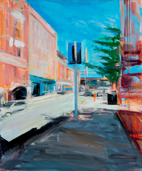 Reflections on Third St., oil on canvas painting by Cerulean Arts Collective Member Fran Lightman Gibson.