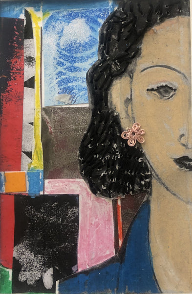 Artistic portrait with abstract background and black hair accessory