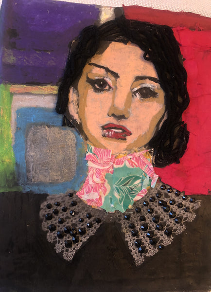 Artistic portrait with colorful background and detailed clothing