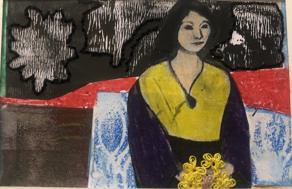 Artistic depiction of a person with a yellow top and dark sleeves against a textured background