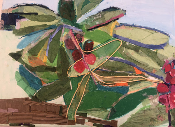 Abstract artwork with green leaves and red berries on a beige background