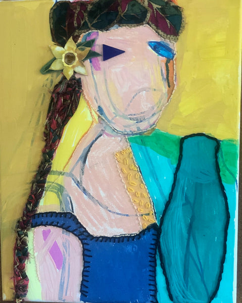 Colorful abstract art piece with a stylized figure on a yellow background