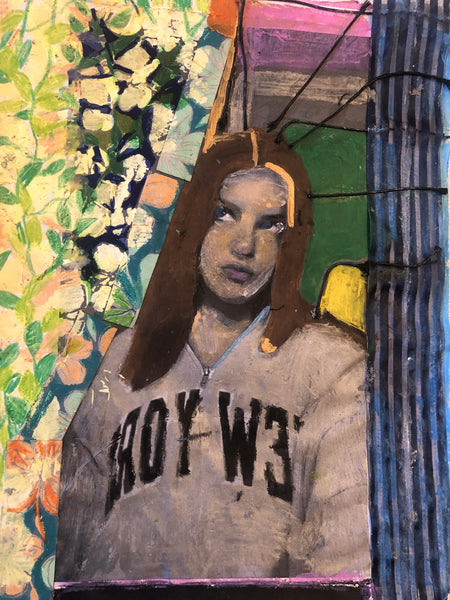Artistic depiction of a woman wearing a sweatshirt with a colorful, abstract background.