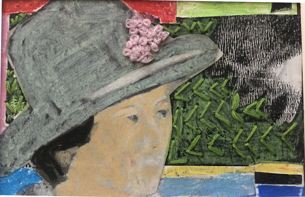 Collage art with a woman's face wearing a large hat, surrounded by green leaves and abstract elements.
