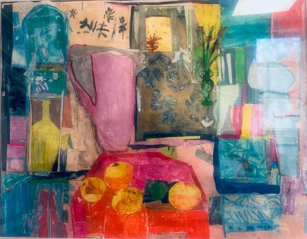 Colorful abstract painting with various shapes and patterns