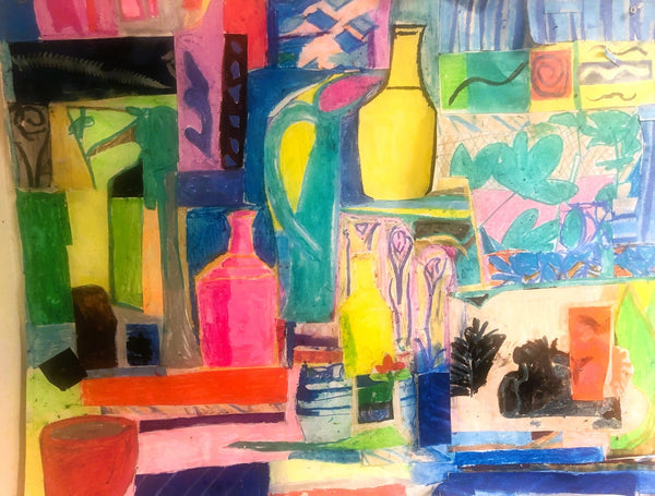 Colorful abstract artwork with various shapes and patterns