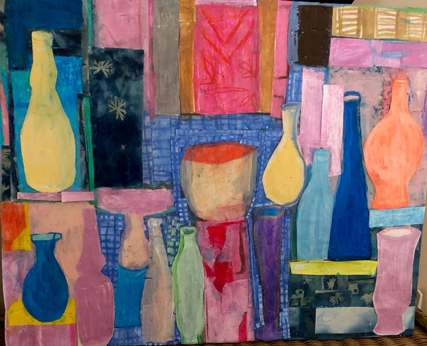 Colorful abstract painting of vases and geometric shapes