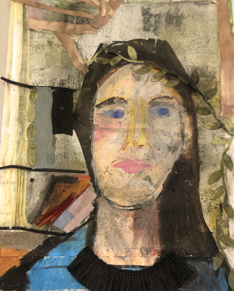 Artistic depiction of a face with a decorative headpiece on a textured background