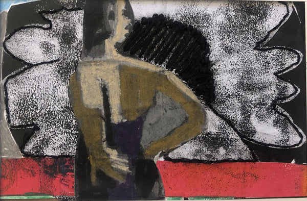 Abstract artwork with a central figure and dynamic shapes