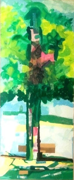 Colorful abstract painting of a tree with green leaves and a pink flower.