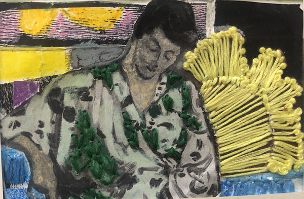 Artistic depiction of a person in a patterned garment with a yellow object next to them