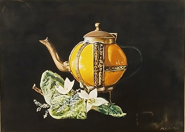 Still Life painting of a decorative teapot with floral elements on a dark background
