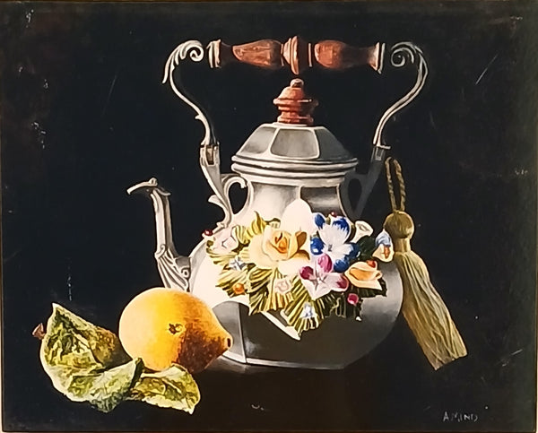 Still life painting with a teapot, flowers, and fruits on a dark background