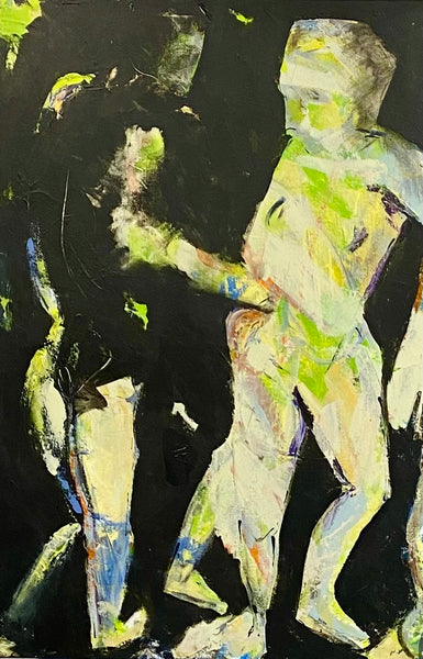 An abstract painting depicting two stylized human figures in black, white, green, and blue tones, with expressive brushstrokes filling the frame.