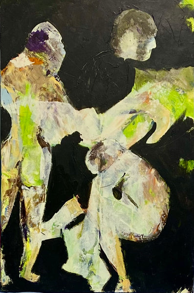 An abstract painting depicting two stylized human figures in off-white, beige, and gray tones with bright green accents against a dark black background.