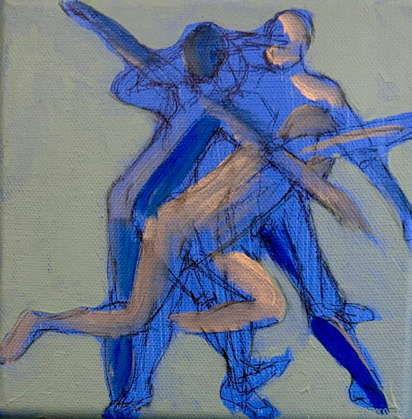 An abstract painting depicting two figures in motion, rendered primarily in shades of blue with beige highlights on a textured off-white canvas background.