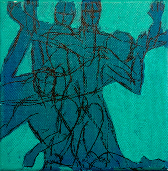 Abstract painting of multiple human figures in layered blue and teal tones with black sketch-like lines, filling the frame.