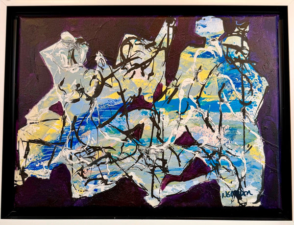 An abstract expressionist painting featuring figures in white, blue, and yellow tones with black gestural lines, enclosed in a black frame.