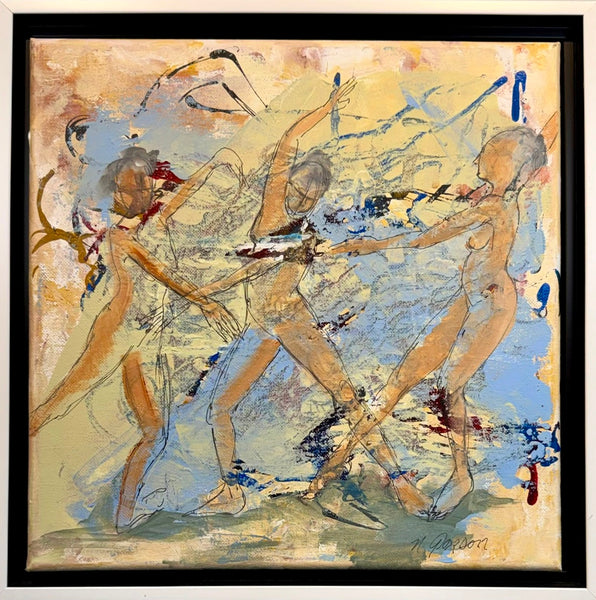 A framed abstract painting depicting three stylized nude figures in motion, rendered with blue, beige, brown, and white brushstrokes, enclosed in a black frame.