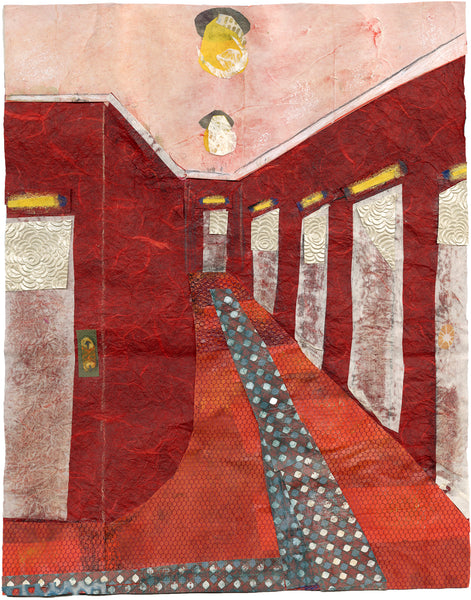 Abstract collage art piece with geometric shapes and patterns depicting a red hallway with doors
