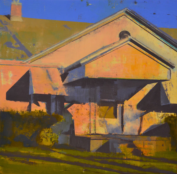 House (Porch Shadow), oil and wax on board painting by New York artist Mark Green