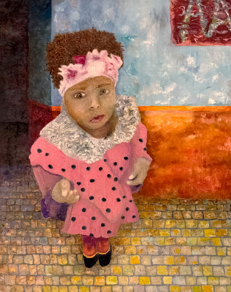 Painting of a young girl in a pink coat with a colorful background