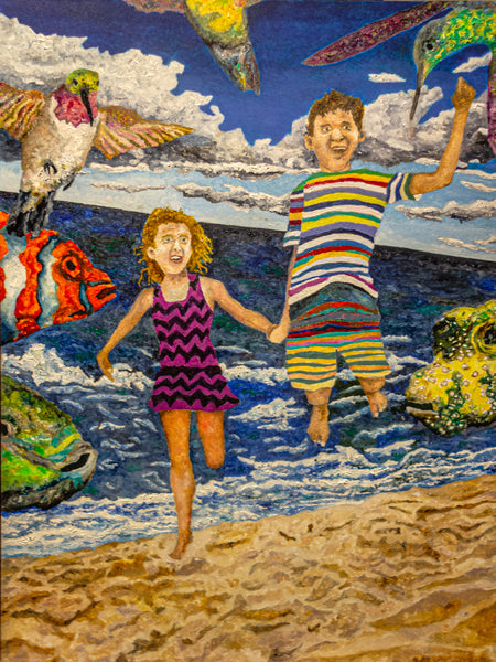 Beach Jump, Birds, Fish, oil on panel painting by Pennsylvania artist Gary Grissom.