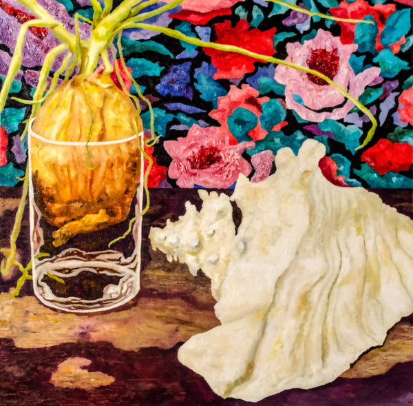 Onion in a Glass, Shell, oil on wood painting by Pennsylvania artist Gary Grissom.