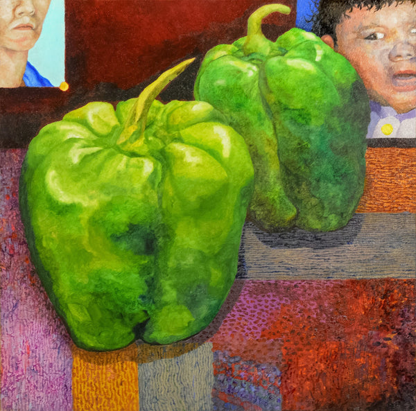 A colorful painted still life featuring two green bell peppers on a patterned surface, with partial faces visible in the top corners of the artwork.