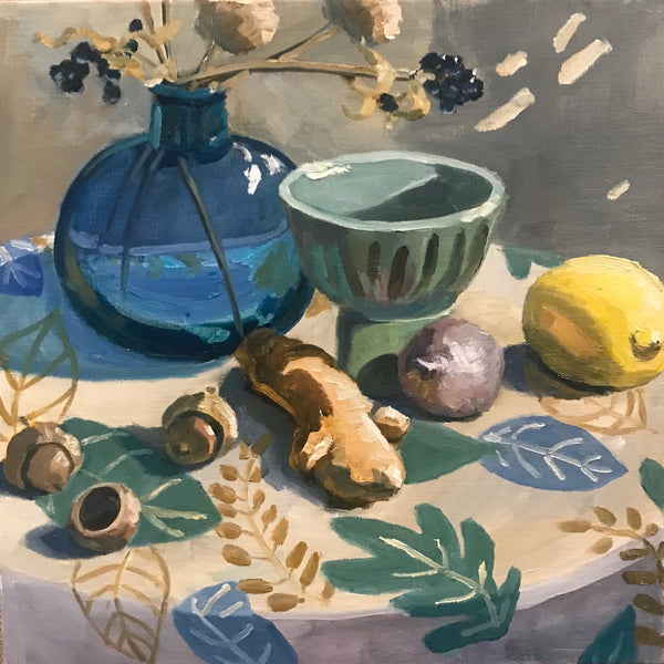 Ginger, Acorns and Lemon, oil on linen still life painting by Cerulean Collective member Alyce Grunt, available at Cerulean Arts