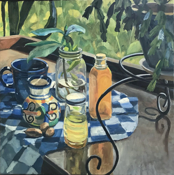 Spirals and Plants, oil on linen still life painting by Cerulean Collective member Alyce Grunt, available at Cerulean Arts