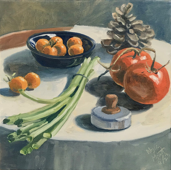 Tomatoes and Scallions, oil on linen still life painting by Cerulean Collective member Alyce Grunt, available at Cerulean Arts