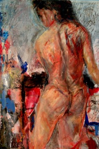 Artistic depiction of a nude figure with abstract background