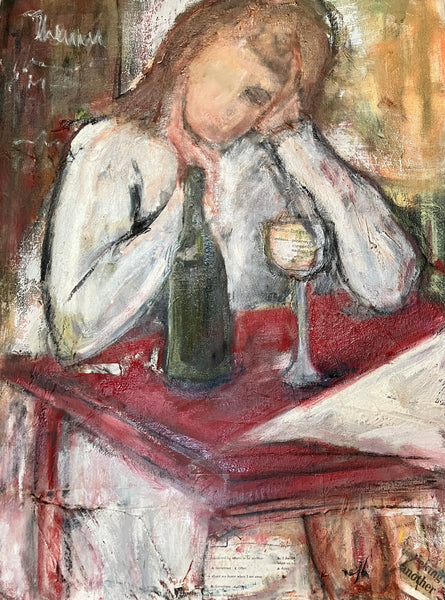 Cafe in Paris, mixed media on panel painting by Cerulean Arts Collective Member Nancy Halbert. 