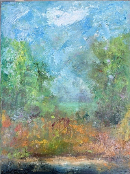 Colorful landscape painting with trees and sky