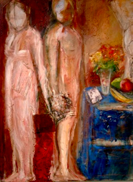 Abstract painting of two figures and a table with fruit and flowers.
