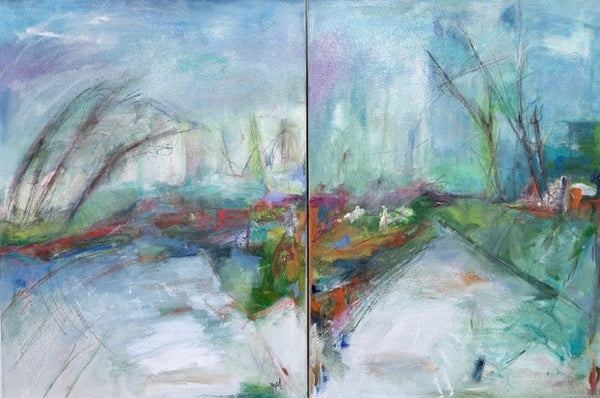 Two abstract landscape paintings side by side with a focus on color and form.