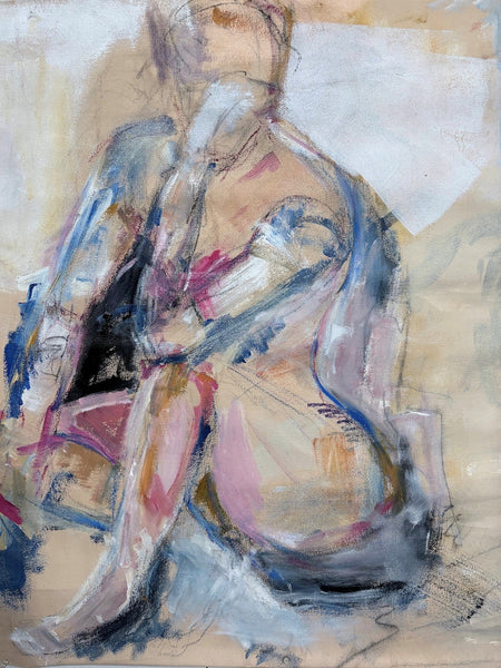 Abstract painting of a nude figure with pastel colors on a textured background
